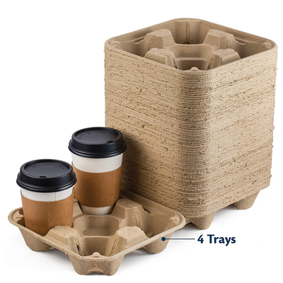 4 Cup Disposable Biodegradable Paper Cup Carrier Tray Untearable , Cup Holders Natural Color